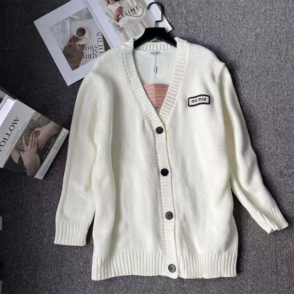 Miu Miu Off-White V-Neck Knit Cardigan Loose Fit Versatile Preppy Style